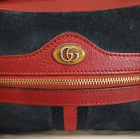 Copy Gucci Ophidia Mini Crossbody Camera Bag in Blue Suede with Red Leather - Picture 3 of 11